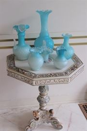 Powder Blue Satin Glass & Pedestal Table