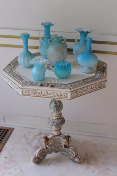 Powder Blue Satin Glass & Pedestal Table