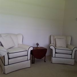Upholstered chairs.  Antique drop leaf round table