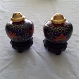 Vintage small cloisonne salt and pepper on wood stands