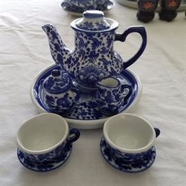 Miniature blue and white tea set
