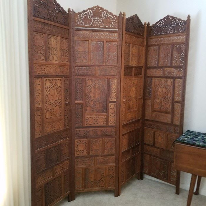Exquisite Asian four panel hand carved wood room divider. 