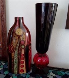 Ceramic vase and Tall glass 2 tone red vase