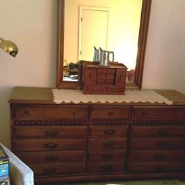 Dresser and mirror.  wood jewelry chest with lined drawers
