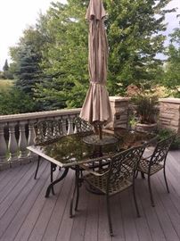 PATIO FURNISHINGS--TABLE WITH CHAIRS AND UMBRELLA