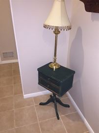SMALL PRIMITIVE ANTIQUE GREEN TABLE & LAMP