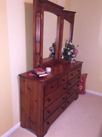 SOLID OAK LONG DRESSER WITH 3-FOLD MIRROR
