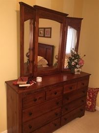 SOLID OAK LONG DRESSER WITH 3-FOLD MIRROR