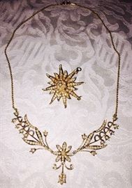 ANTIQUE SEED PEARL 14K GOLD NECKLACE AND STARBURST BROOCH/PENDANT