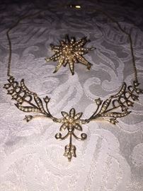 ANTIQUE SEED PEARL 14K GOLD NECKLACE AND STARBURST BROOCH/PENDANT