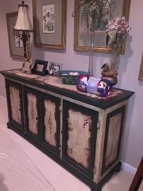 CUSTOM HAND-PAINTED LONG CABINET AND MATCHING MIRROR