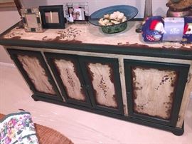 CUSTOM HAND-PAINTED LONG CABINET AND MATCHING MIRROR