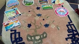 Vintage luggage labels on 1920-30's Chinese rug