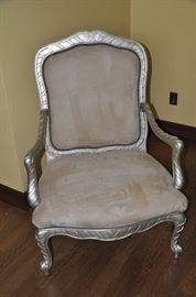 Exquisite Side Chairs in Brushed  Silver Tone Finish and Beige Ultra Suede Upholstery with Nail head Finish 