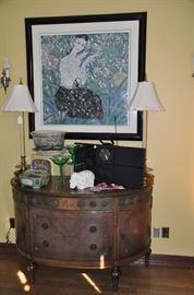 French Style Walnut Demi-lune Chest of Drawers C.1930 made by the Phoenix Furniture Co. in Grand Rapids  35"H X 54"W  Also pictured, Bang & Olufsen Beosound 2000