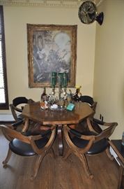 Fantastic Vintage 48" Drexel Octagon Oak Game Table with 4 Drexel Leather/Oak Chairs