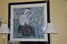 Large 44" x 45" Asian Style framed, signed and numbered 16/350 artwork with Black Lacquer Frame