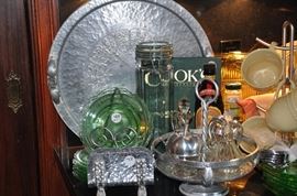Vintage Hammered Aluminum serving pieces with 2 sets of green glass plates 