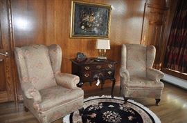 Wing-Backed Silk Lounge Chairs shown with Stickley Chest of drawers 