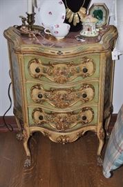 Antique Venetian style painted 3 drawer nightstand with inlaid marble top. C. 1910.  H: 32 W:25 D:14