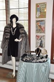 Another fantastic fur coat, jewelry and vintage framed scarfs 
