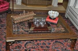 Asian Hand Painted with Brass Legs and Beveled Glass Coffee Table by Henredon.  3' 2" x 4' 5"