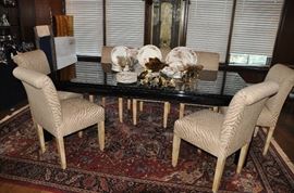 Gorgeous Mid Century Henredon Scene 3 Burled Walnut & Ebonized Lacquer Dining Table with (2) 20" leaves and 8 Ivory Upholstered Chairs. Table measures 68.5" closed