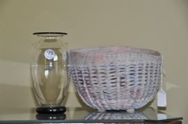 Signed Phoenix Glass Vase and Painted Clay Bowl