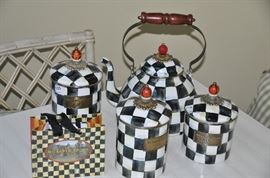 MacKenzie Childs enamel large teapot and three piece enamel canister set