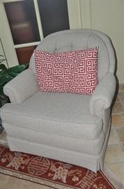 Wonderfully comfortable light taupe upholstered barrel chair (2 available)