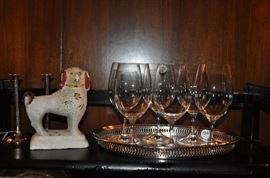 Antique German Spaniel Chalkware 7 1/2" tall.  Also shown with set of 7 Riedel Wine Glasses