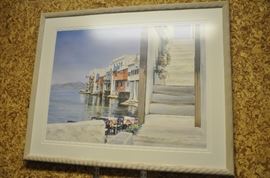 Framed watercolor "Stairway to Mykonos" by Cummings.  Double signed and numbered 125/225