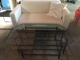 Bamboo glass top coffee table & white cloth love seat