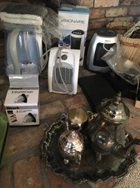Humidifier, Bionaire fan, Holmes ceramic space heaters, FB Rogers silverplate tea set