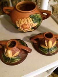 Roseville vase & candle holders