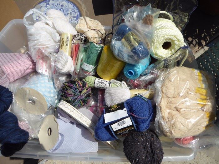 Sewing items - yarn, thread, needlepoint, large fabric remnants 