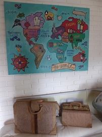 Wonderful world painting great for a child's room  SOLD, a set of smaller sized luggage with great styling