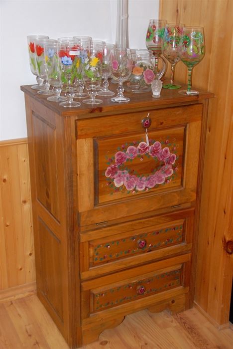 Hand painted stemware and hand painted standing bread box chest.