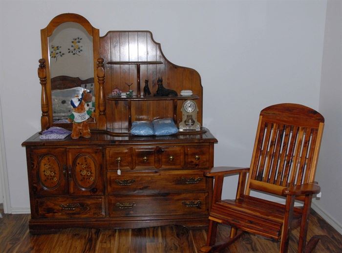 bureau with painted design and mirror
