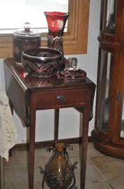 DROP LEAF TABLE, CRANBERRY GLASS