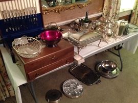 Two large sets of Community plate flatware in boxes, trays, sliver plate pitchers, ice buckets, serving pieces with Pyrex inserts