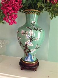 12 inch Cloisonne vases on wooden bases, pair
