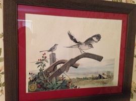 Signed art print P.J. McDonald Mocking bird-Tennessee State Bird