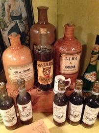 1969 Cruse Bordeaux bottles, other cool stoneware bottles, 1970s Coca Cola reproduction trays  