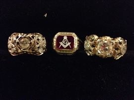 Scottish Rite Masonic rigs: left diamond, 14K; center "garnet" 10K; right, CZ