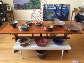 Custom designed, handmade pottery. Wonderful handmade harvest table, mid-century bench.