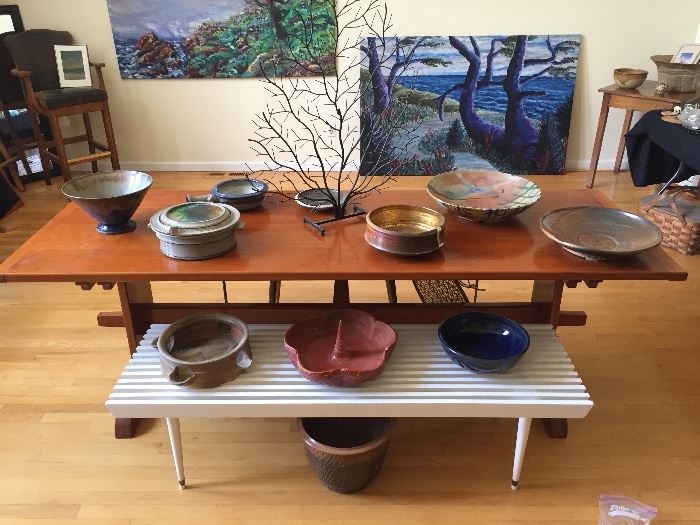 Custom designed, handmade pottery. Wonderful handmade harvest table, mid-century bench. 