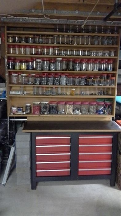 Custom made hardware rack /jars....Craftsman tool bench....w/top