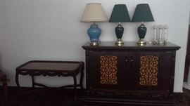 Antique cocktail table, touch lamps, regular lamps, night lights, music cabinet