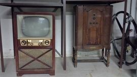 Antique Admiral television/FM&AM radio and an Antique Grinnell Brothers AM radio.  2 Hot Food Warmers.  3-Section Kenloch Tripod 2000.  Aluminum brown shelf